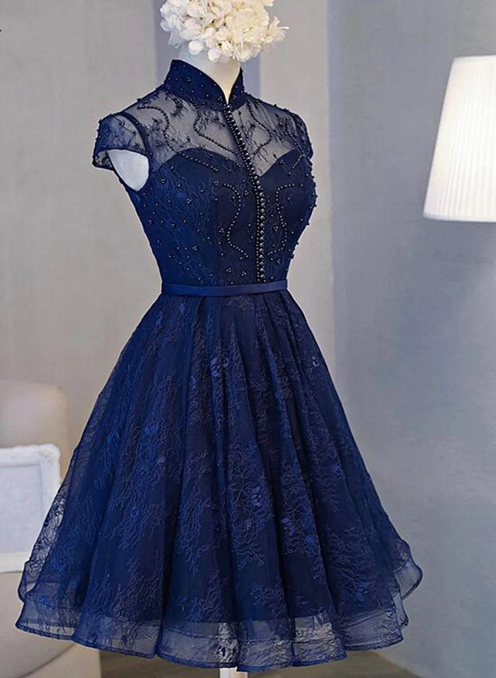 Navy Blue Beaded Lace Short Prom Dress Graduation Dress, Navy Blue Homecoming Dress TP1304