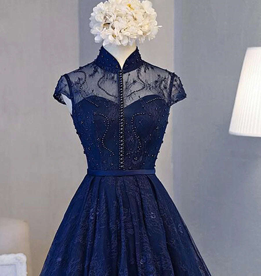 Navy Blue Beaded Lace Short Prom Dress Graduation Dress, Navy Blue Homecoming Dress TP1304