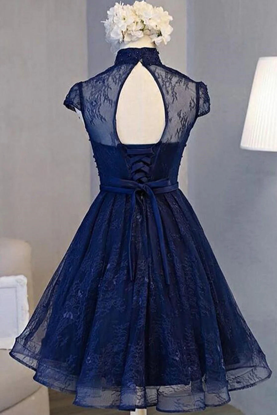 Navy Blue Beaded Lace Short Prom Dress Graduation Dress, Navy Blue Homecoming Dress TP1304