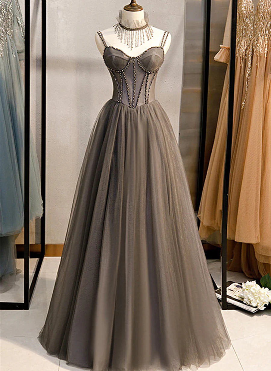 Grey Beaded Sweetheart Tulle Floor Length Party Dress, Grey Long Prom Dress TP1308