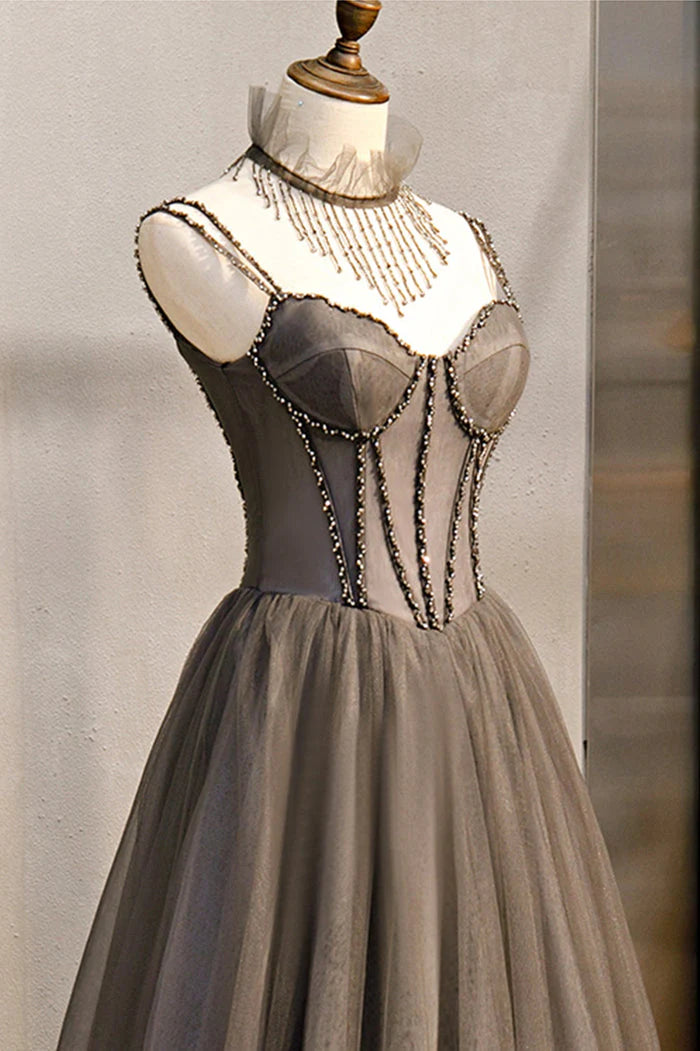 Grey Beaded Sweetheart Tulle Floor Length Party Dress, Grey Long Prom Dress TP1308