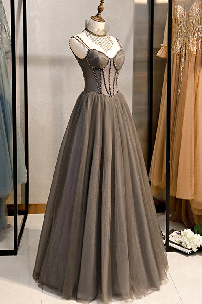 Grey Beaded Sweetheart Tulle Floor Length Party Dress, Grey Long Prom Dress TP1308