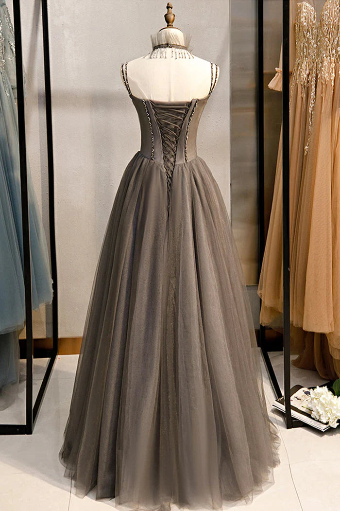 Grey Beaded Sweetheart Tulle Floor Length Party Dress, Grey Long Prom Dress TP1308