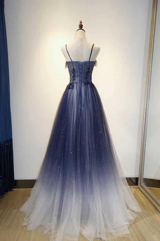 Blue Gradient A-line Tulle Long Formal Dress, Floor Length Prom Dress TP1309