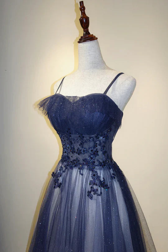Gorgeous Ombré Navy Blue Sparkle Tulle Lace Applique Spaghetti Strap Prom Dress TP1309
