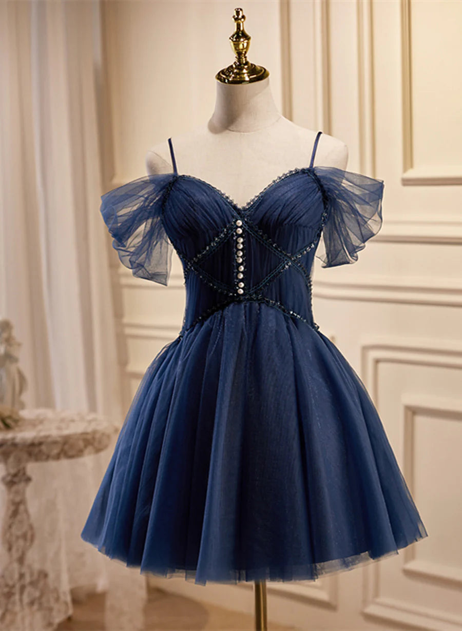 Lovely Blue Short Tulle Prom Dress, Blue Beaded Homecoming Dresses Formal Dress TP1312