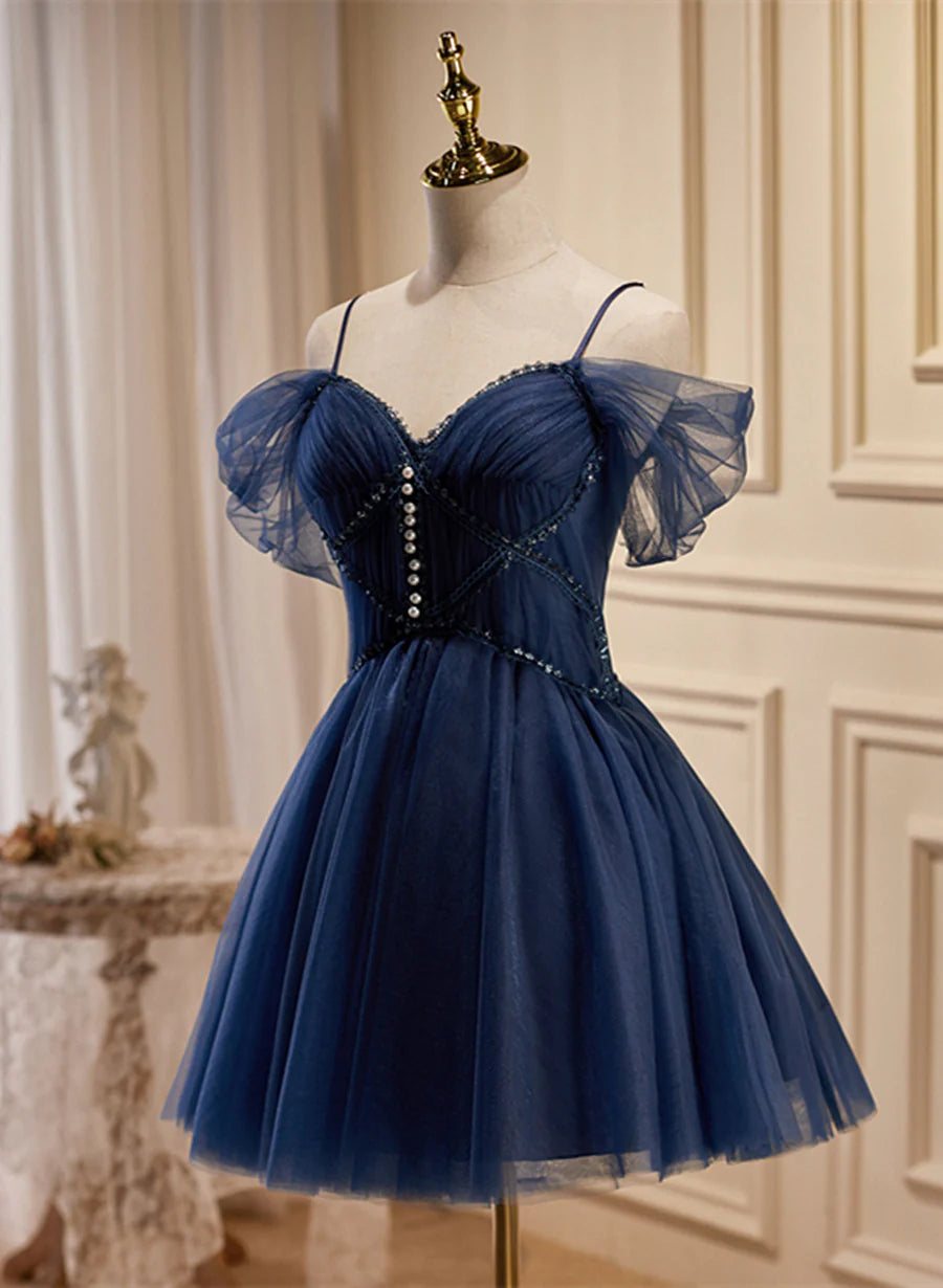 Lovely Blue Short Tulle Prom Dress, Blue Beaded Homecoming Dresses Formal Dress TP1312