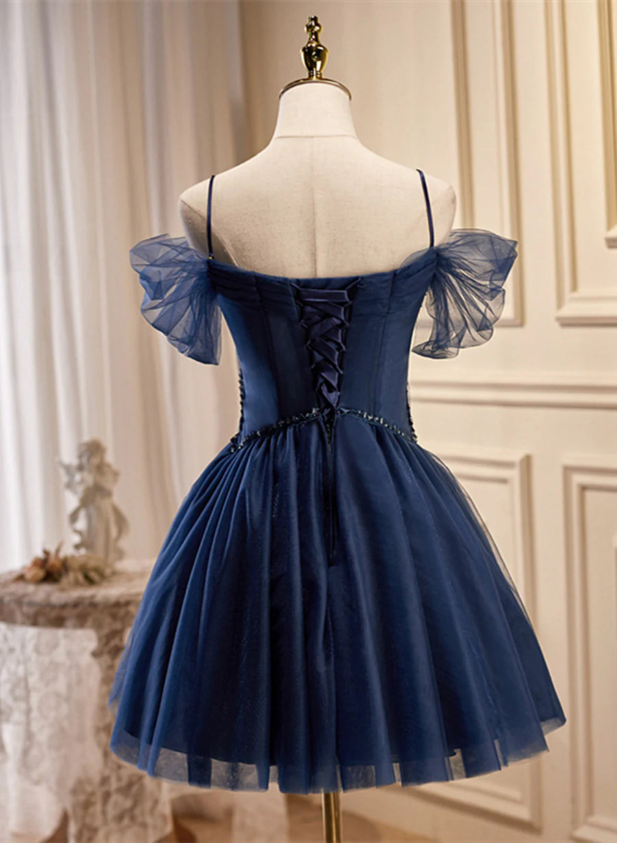 Lovely Blue Short Tulle Prom Dress, Blue Beaded Homecoming Dresses Formal Dress TP1312
