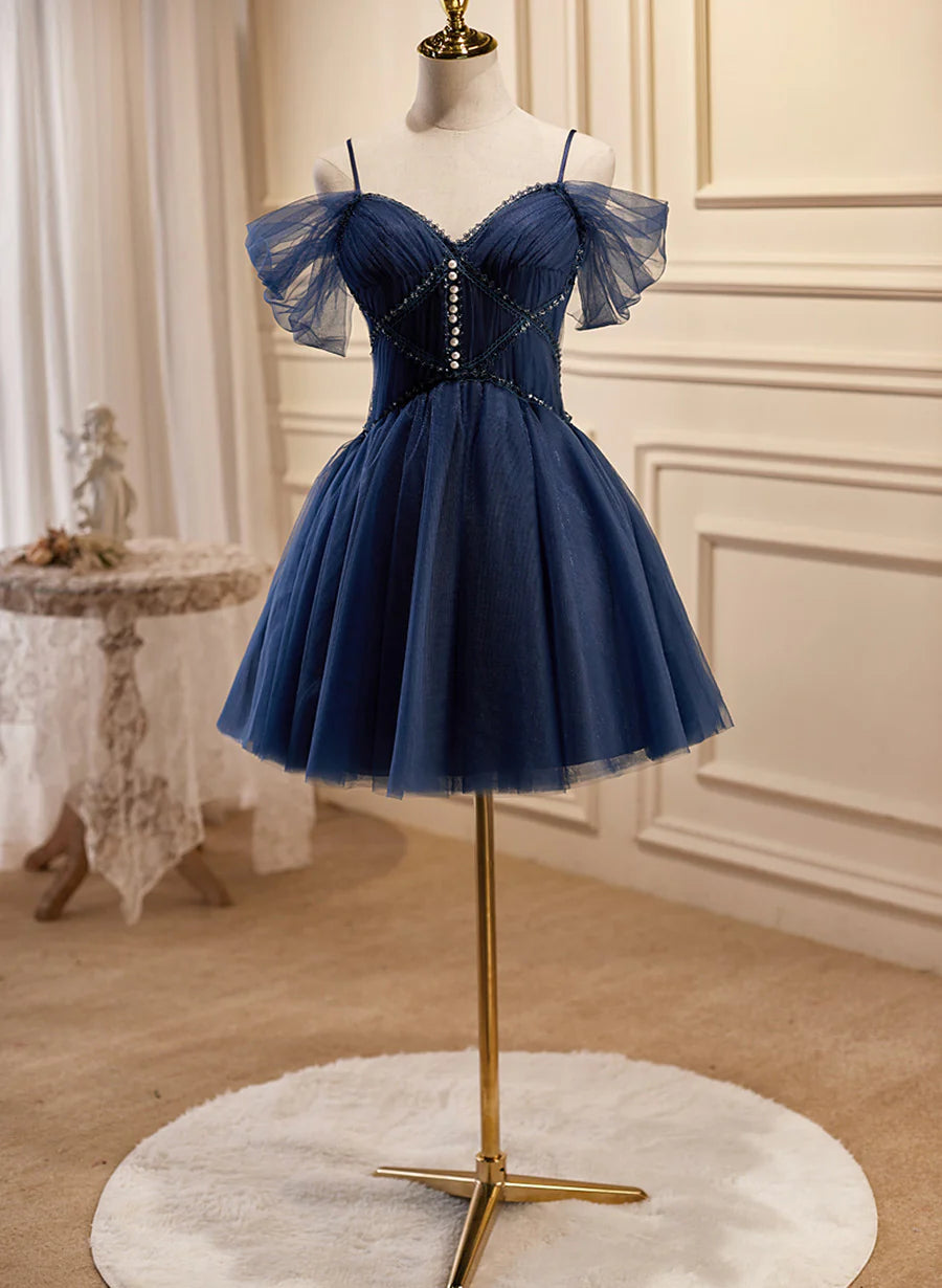 Lovely Blue Short Tulle Prom Dress, Blue Beaded Homecoming Dresses Formal Dress TP1312