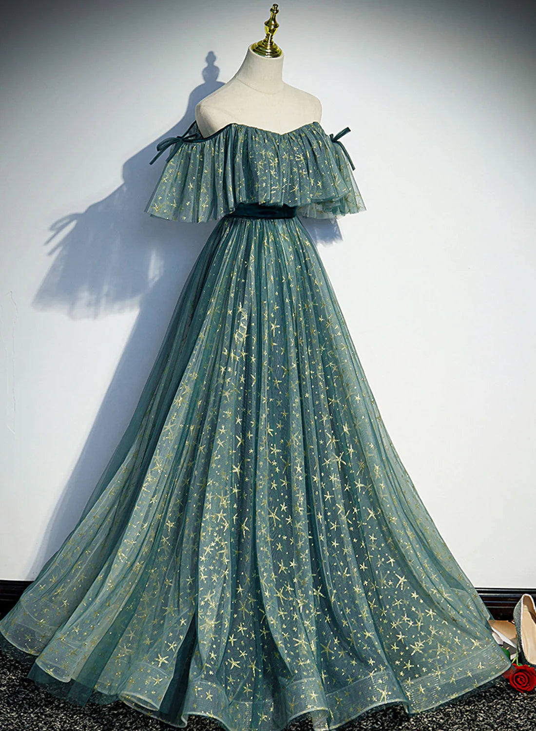 Green Off Shoulder A-line Tulle Long Formal Dress, Green Party Dress Prom Dress TP1315