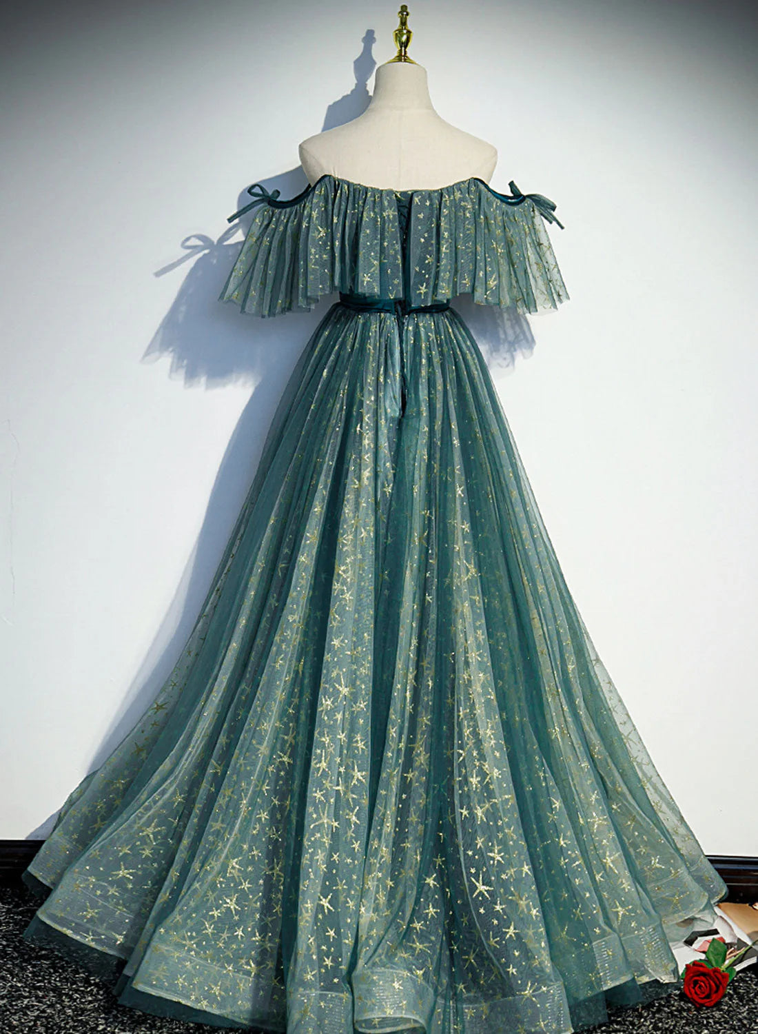 Green Off Shoulder A-line Tulle Long Formal Dress, Green Party Dress Prom Dress TP1315