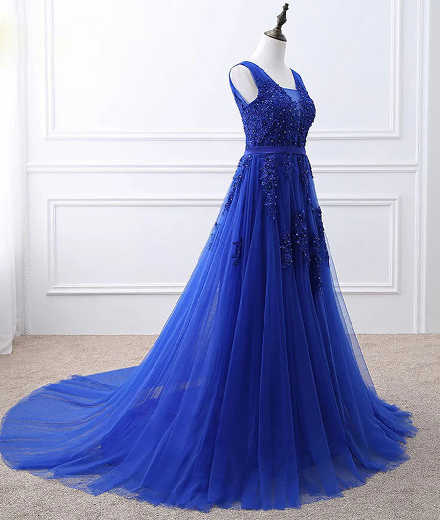 Royal Blue Tulle Long Party Dress with Lace Applique, Blue Evening Party Dress TP1318