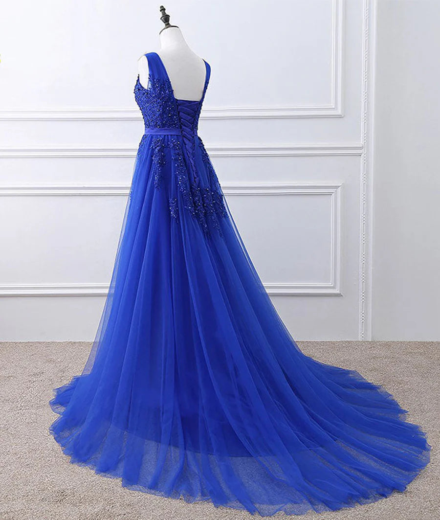 Royal Blue Tulle Long Party Dress with Lace Applique, Blue Evening Party Dress TP1318