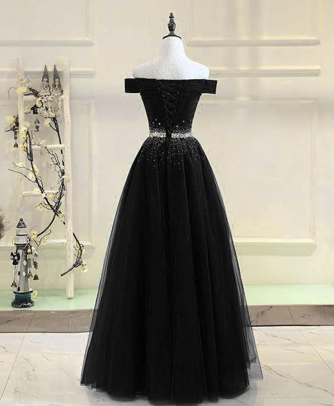 Black Beaded Off Shoulder Tulle Long Party Dress, Black A-line Prom Dress TP1319