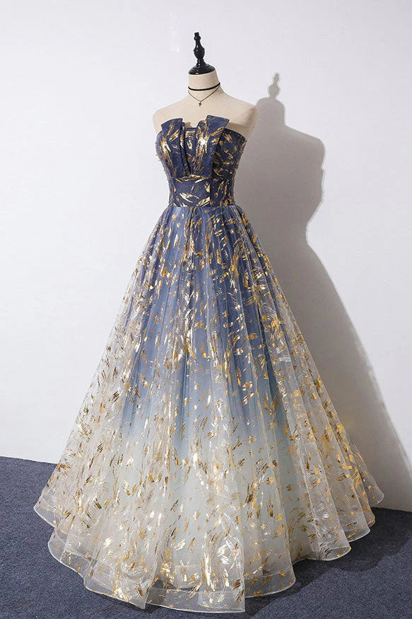 Blue Tulle A-line Gradient Long Formal Dress, A-line Blue Evening Dress Prom Dress TP1322