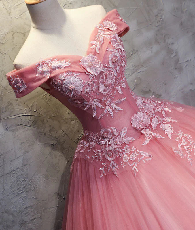 Dark Pink Princess Flowers Off Shoulder Sweet 16 Dress, Pink Formal Gown TP1323