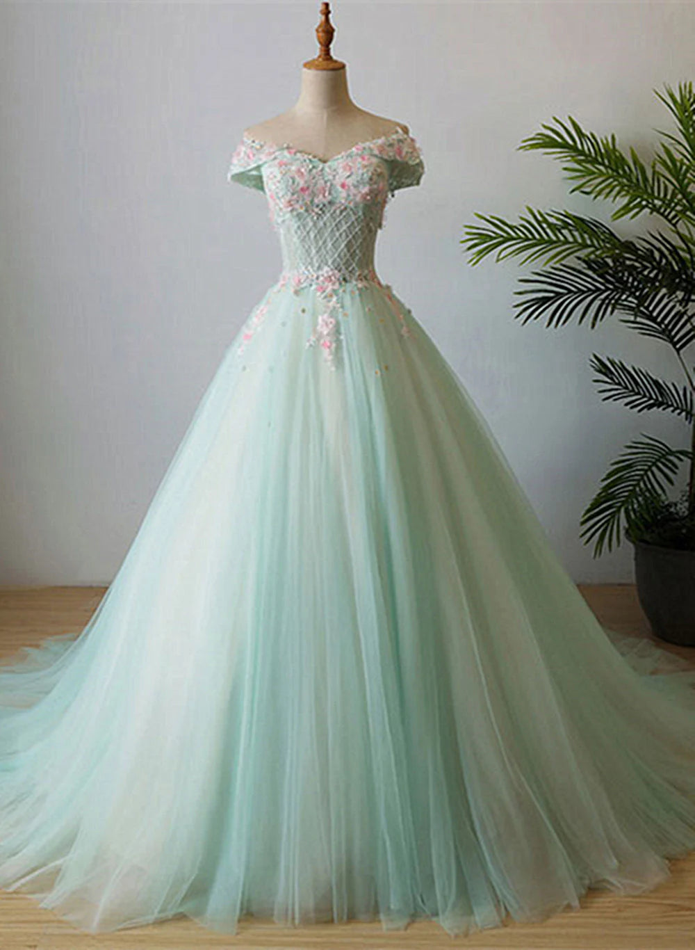 Light Green Flowers Beaded Off Shoulder Party Dress, Green Evening Prom Dress TP1324