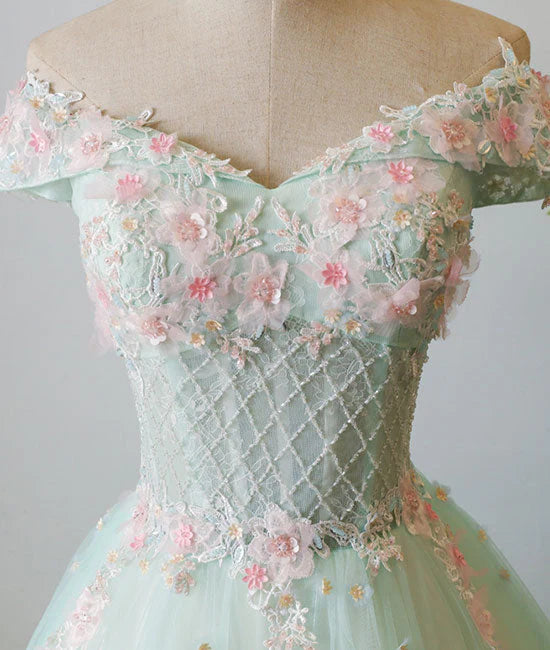 Light Green Flowers Beaded Off Shoulder Party Dress, Green Evening Prom Dress TP1324