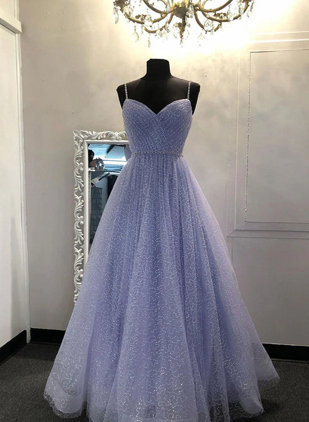 Blue Sweetheart Beaded Tulle Straps Party Dress, Blue Long Prom Dress TP1325