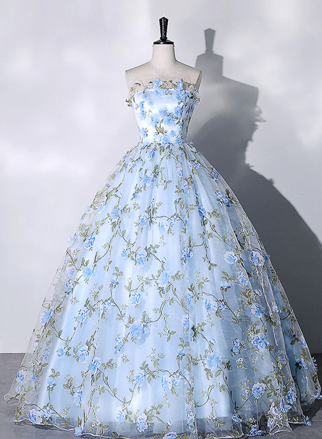 Blue Flowers Lace Ball Gown Long Formal Party Dress, Blue Evening Prom Dress TP1328