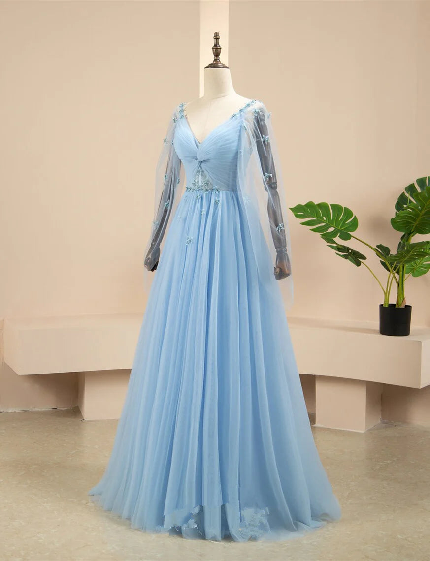 Pretty Light Blue A-line Puffy Sleeves Party Dress, Light Blue Evening Dress Prom Dress TP1335
