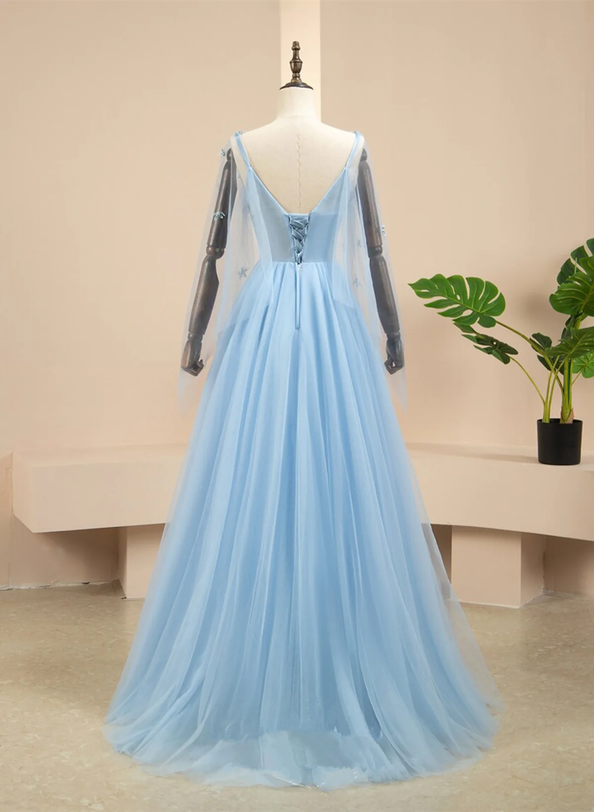 Pretty Light Blue A-line Puffy Sleeves Party Dress, Light Blue Evening Dress Prom Dress TP1335
