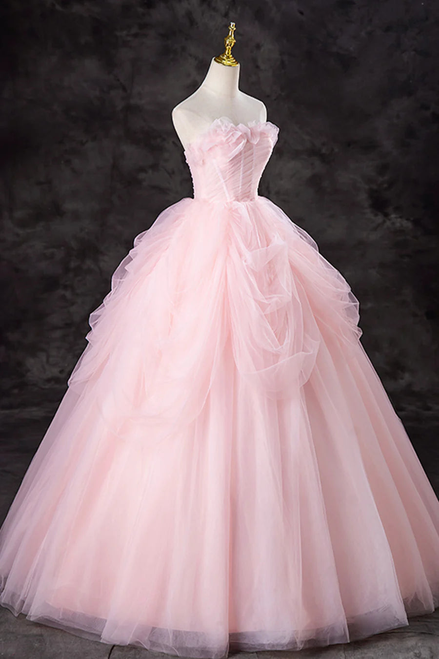A-Line Pink Tulle Long Formal Gown, Pink Strapless Sweet 16 Princess Dress TP1349
