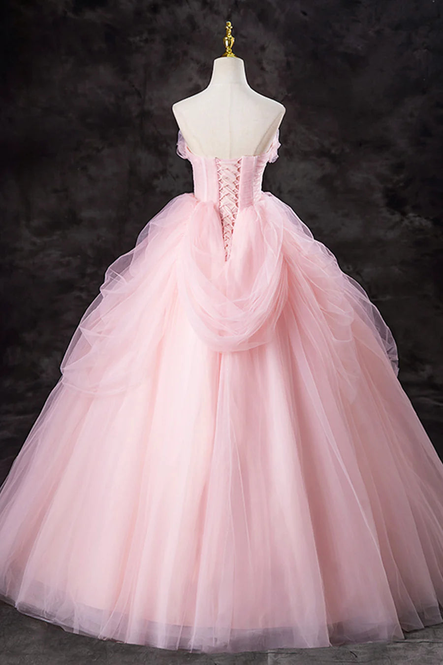 A-Line Pink Tulle Long Formal Gown, Pink Strapless Sweet 16 Princess Dress TP1349