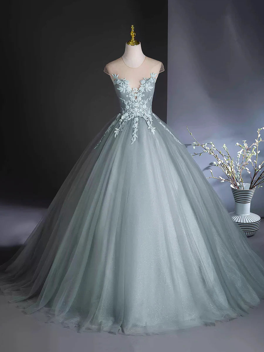 A-Line Scoop Neckline Tulle Floor Length Formal Dress with Lace, Elegant Evening Party Dress TP1352