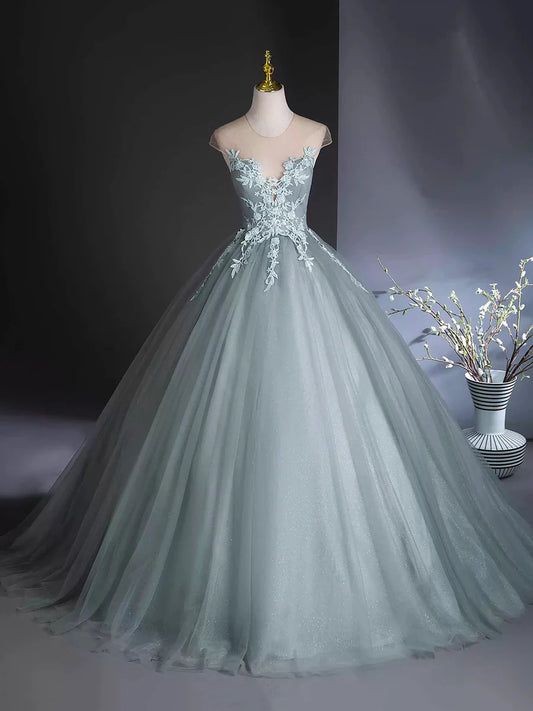 A-Line Scoop Neckline Tulle Floor Length Formal Dress with Lace, Elegant Evening Party Dress TP1352