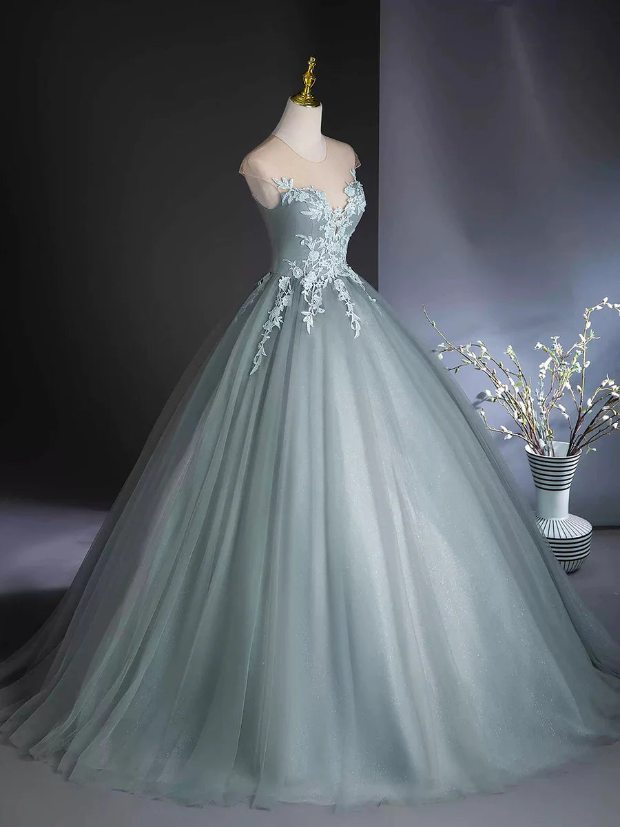A-Line Scoop Neckline Tulle Floor Length Formal Dress with Lace, Elegant Evening Party Dress TP1352