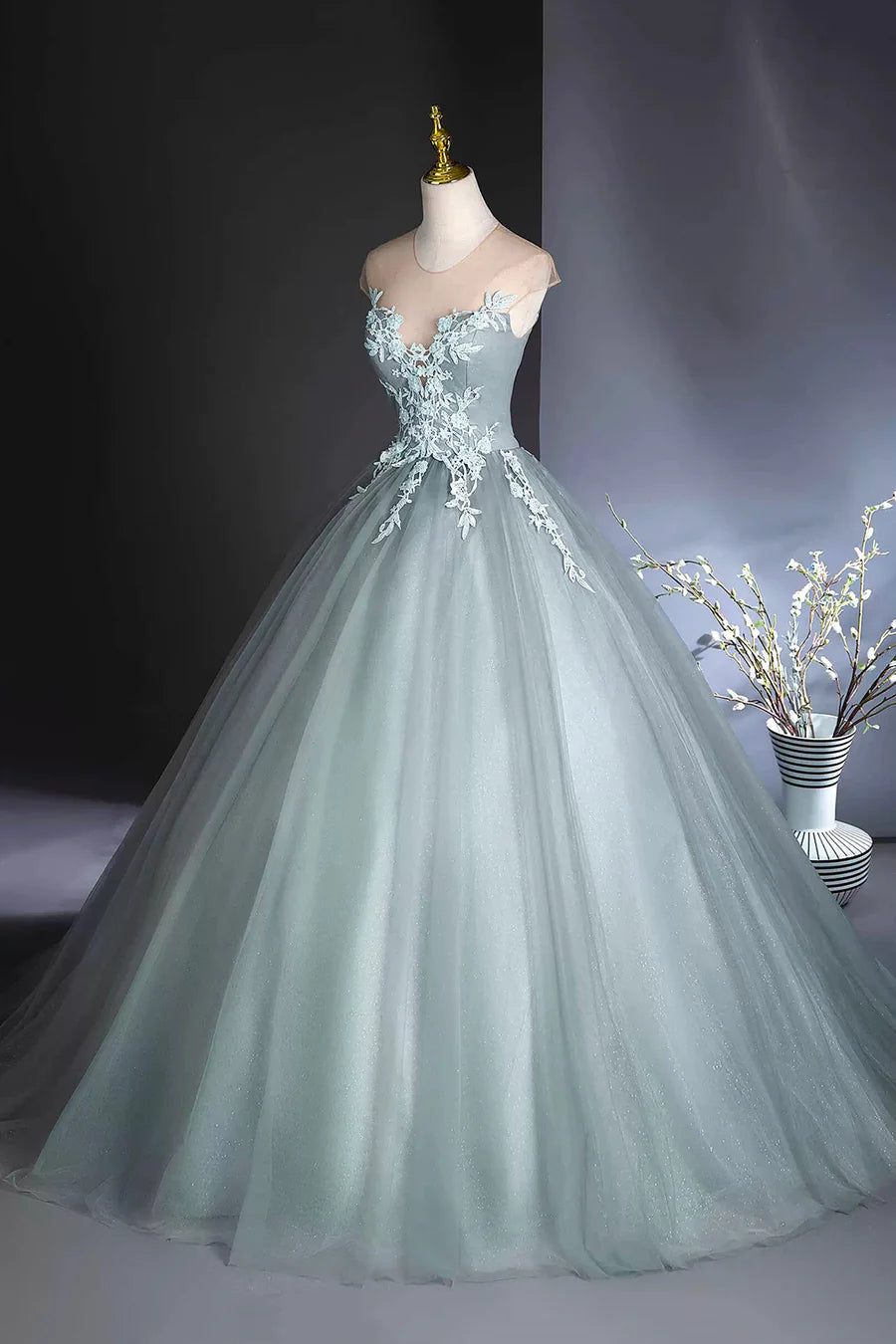 A-Line Scoop Neckline Tulle Floor Length Formal Dress with Lace, Elegant Evening Party Dress TP1352
