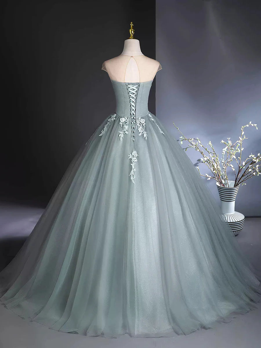 A-Line Scoop Neckline Tulle Floor Length Formal Dress with Lace, Elegant Evening Party Dress TP1352