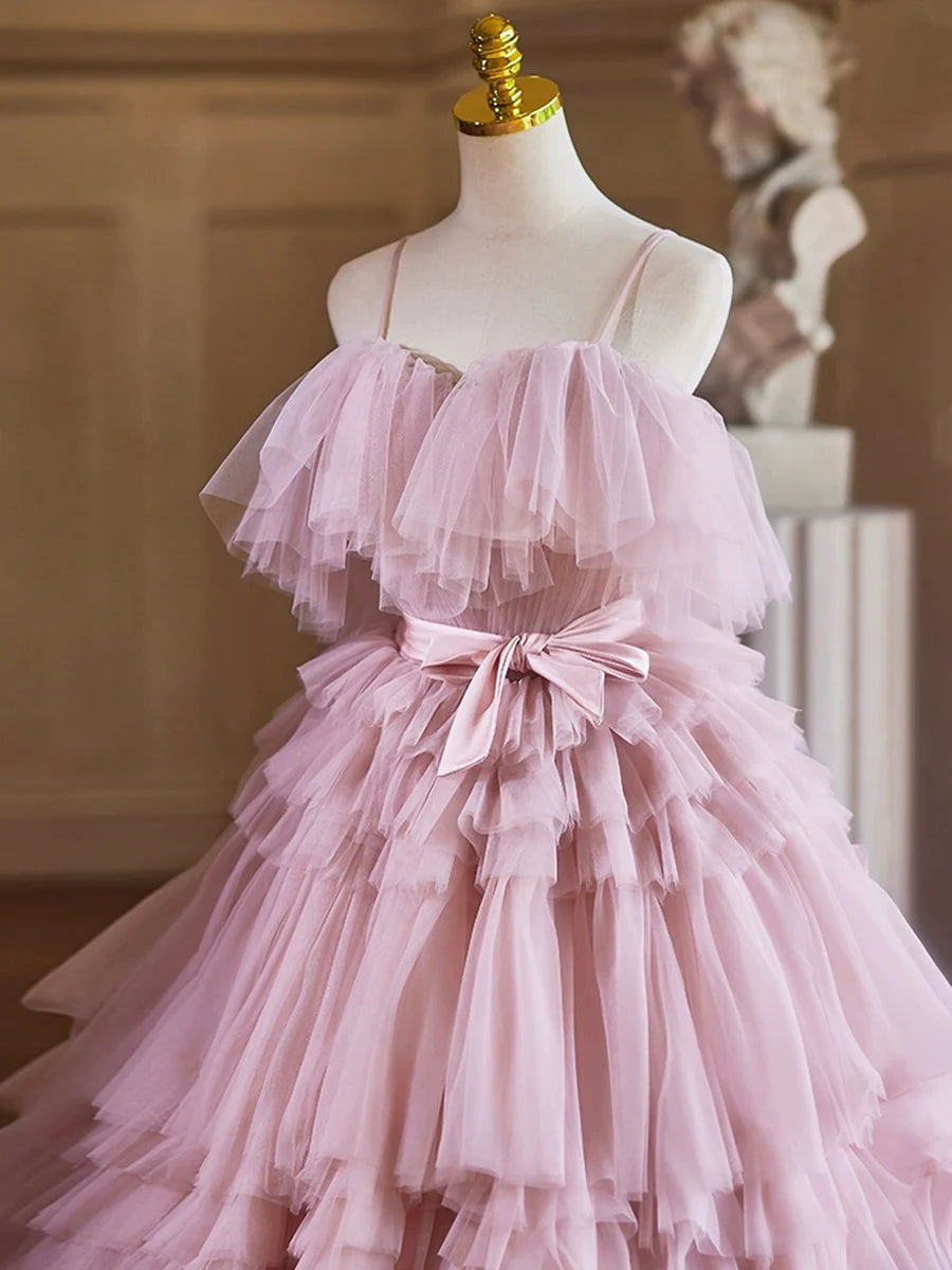 A-Line Spaghetti Strap Layers Tulle Long Party Dress, Pink Prom Dress Formal Gown TP1353