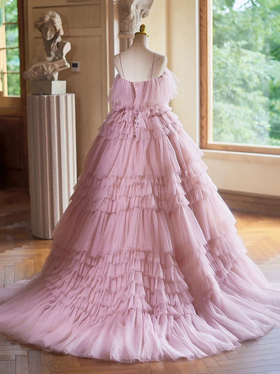 A-Line Spaghetti Strap Layers Tulle Long Party Dress, Pink Prom Dress Formal Gown TP1353