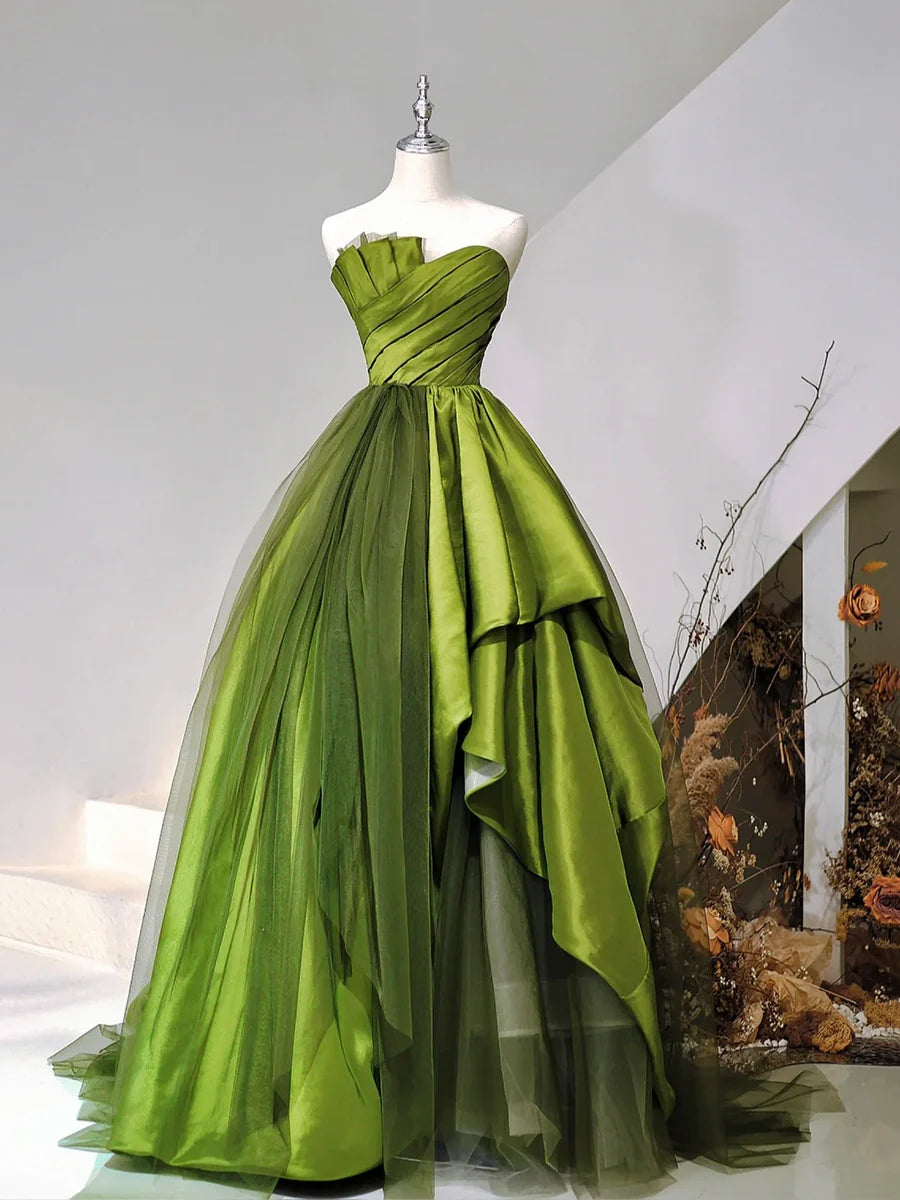 A-Line Strapless Green Satin Tulle Sweep Train Prom Evening Dresses TP1355