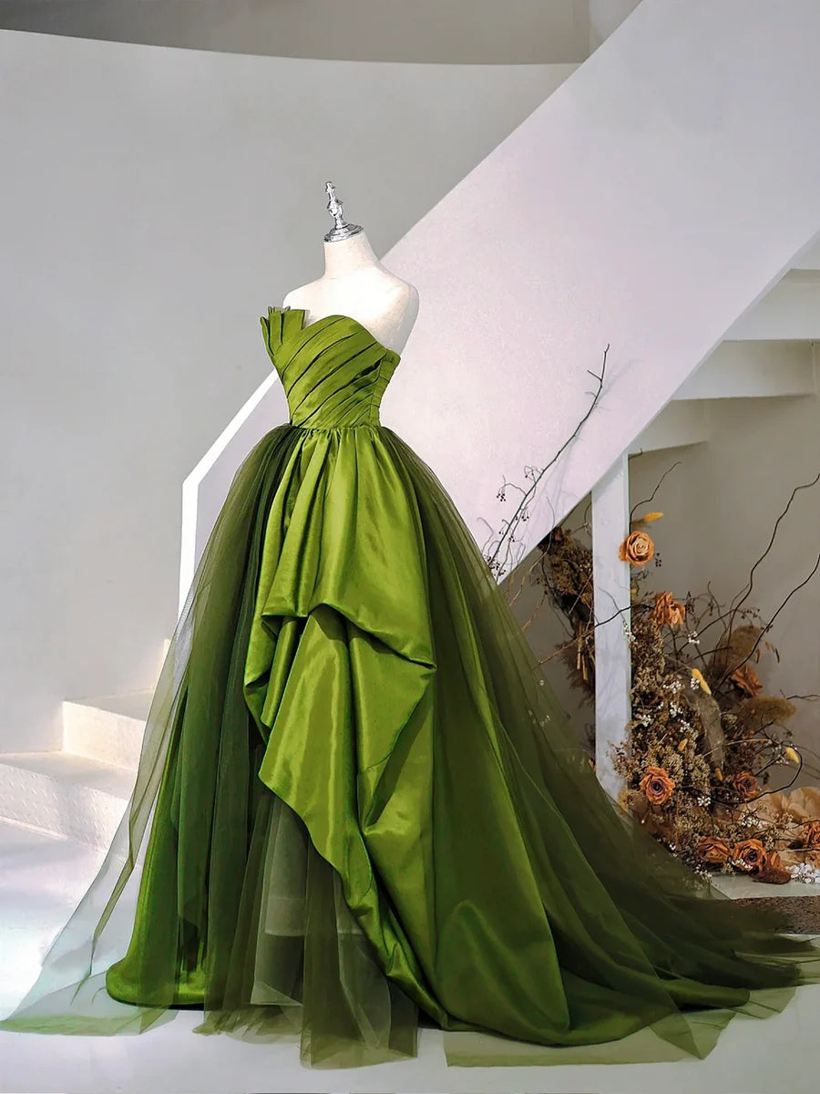 A-Line Strapless Green Satin Tulle Sweep Train Prom Evening Dresses TP1355
