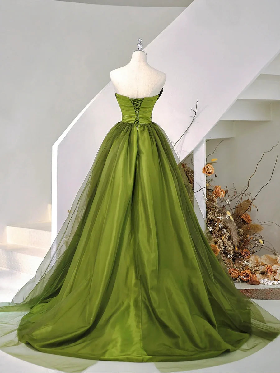 A-Line Strapless Green Satin Tulle Sweep Train Prom Evening Dresses TP1355