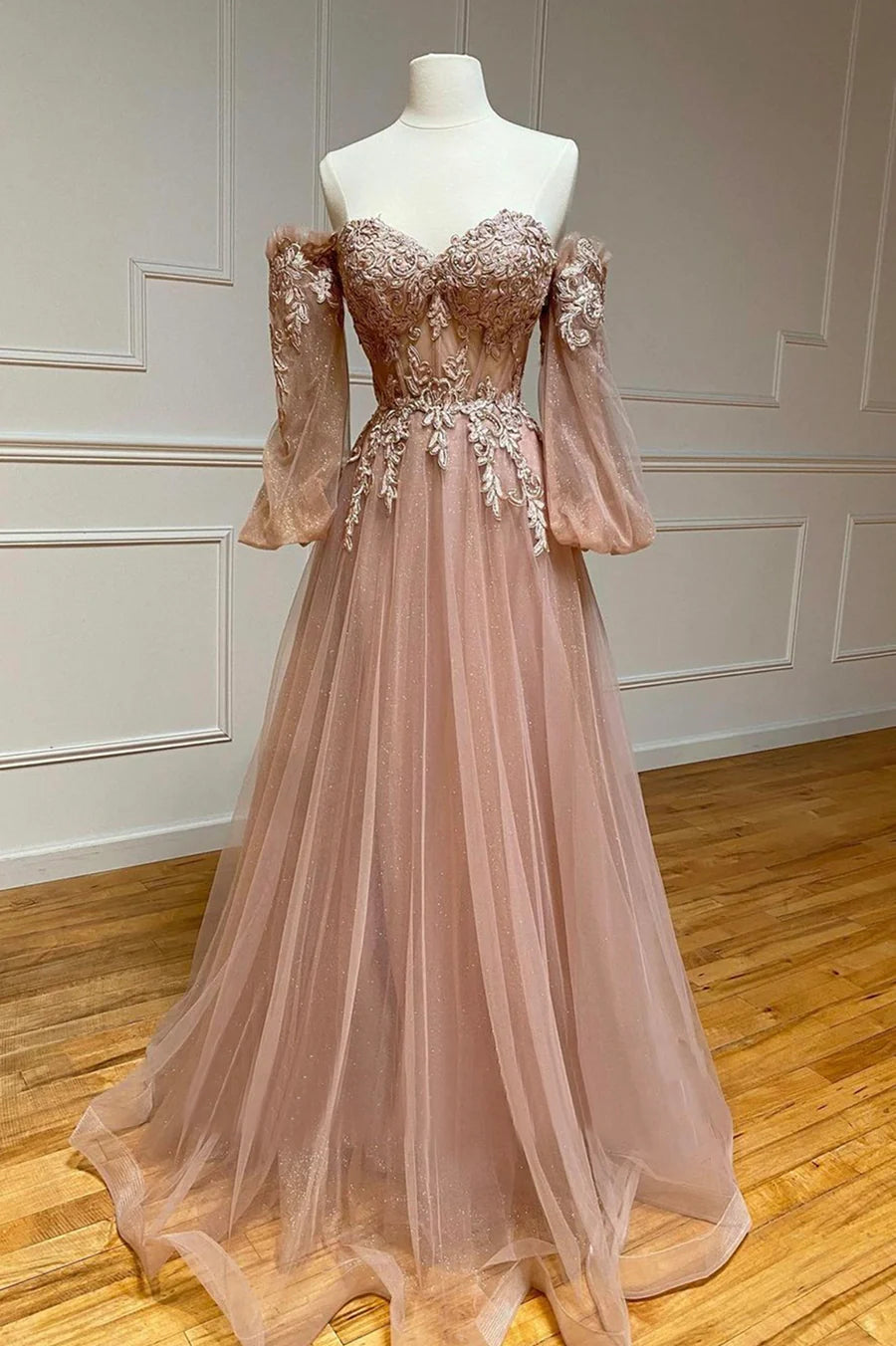 A-Line Tulle Lace Long Prom Dresses, Off the Shoulder Lace Formal Dresses TP1360