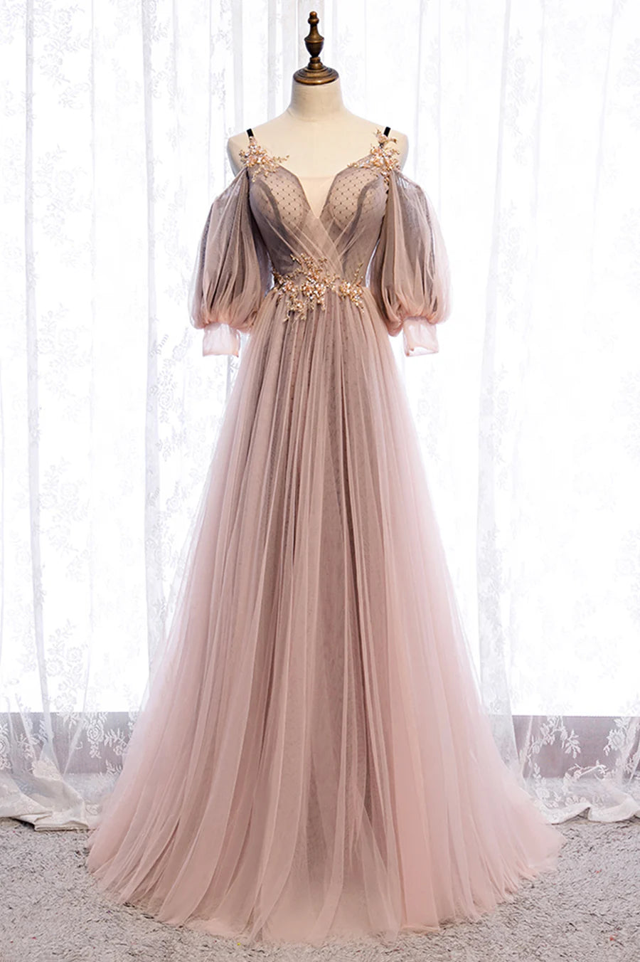 A-Line Tulle Long Prom Dresses, Lace Evening Dresses TP1362