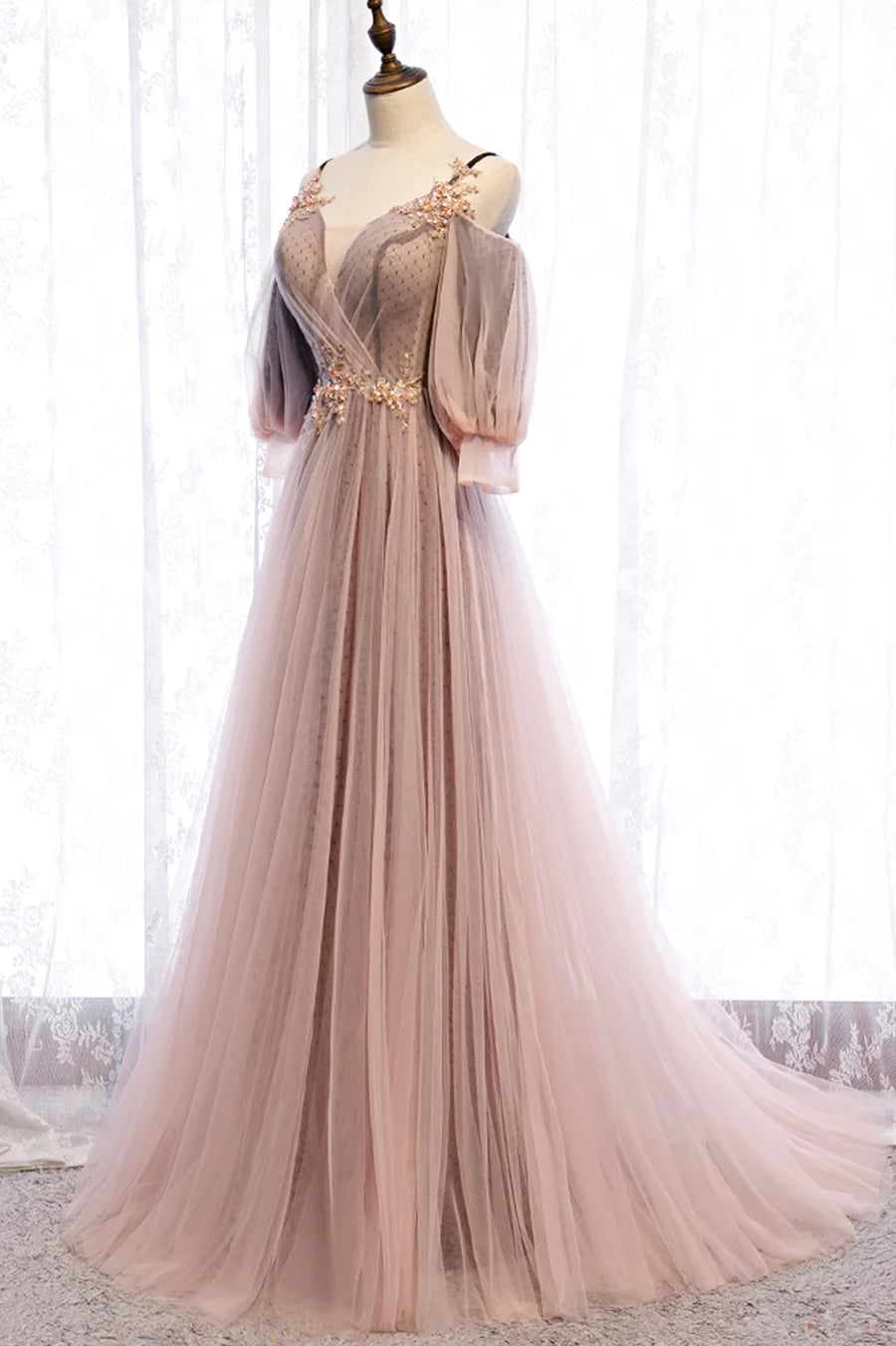 A-Line Tulle Long Prom Dresses, Lace Evening Dresses TP1362