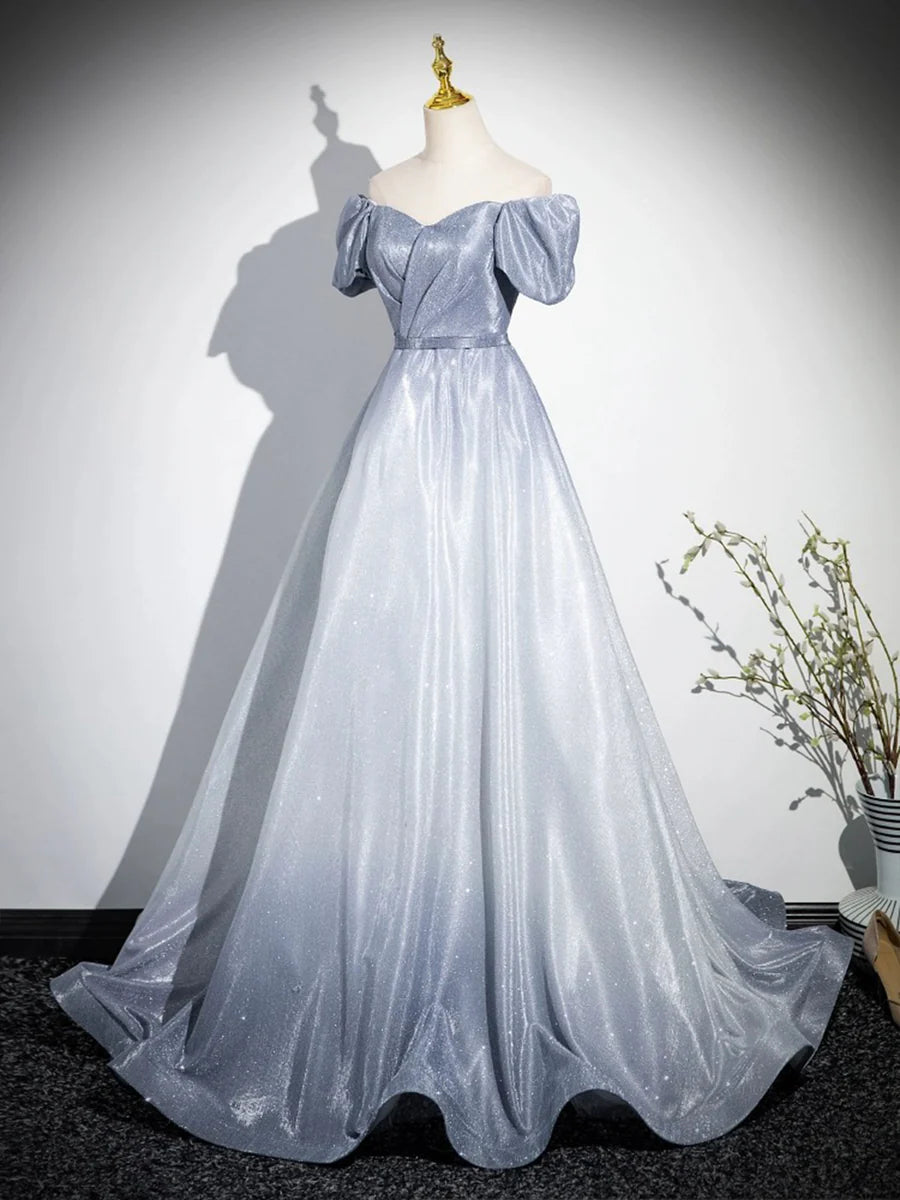 Beautiful Gradient-Color Glitter Sequins Prom Dresses, A-Line Princess Off-The-Shoulder Sleeveless Gray Blue Formal Dresses TP1369