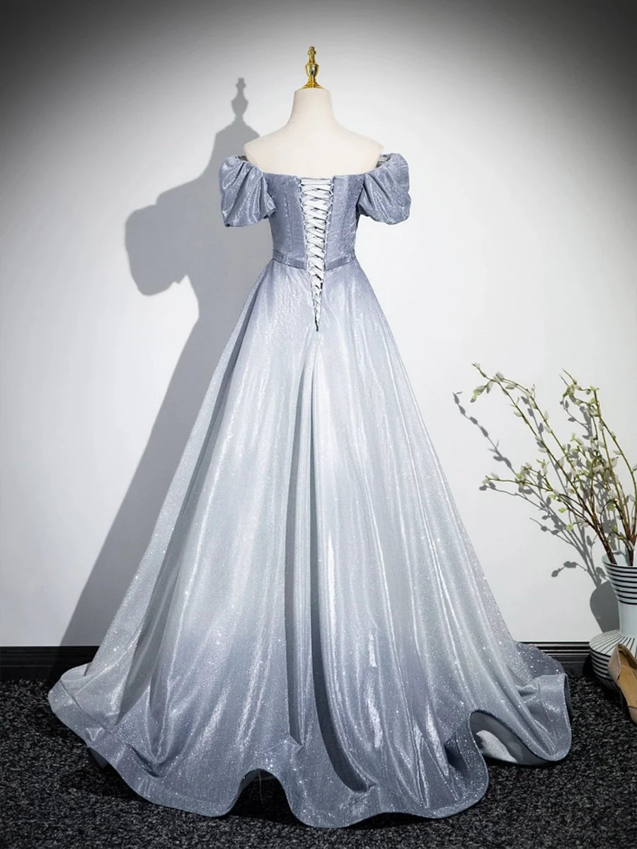 Beautiful Gradient-Color Glitter Sequins Prom Dresses, A-Line Princess Off-The-Shoulder Sleeveless Gray Blue Formal Dresses TP1369