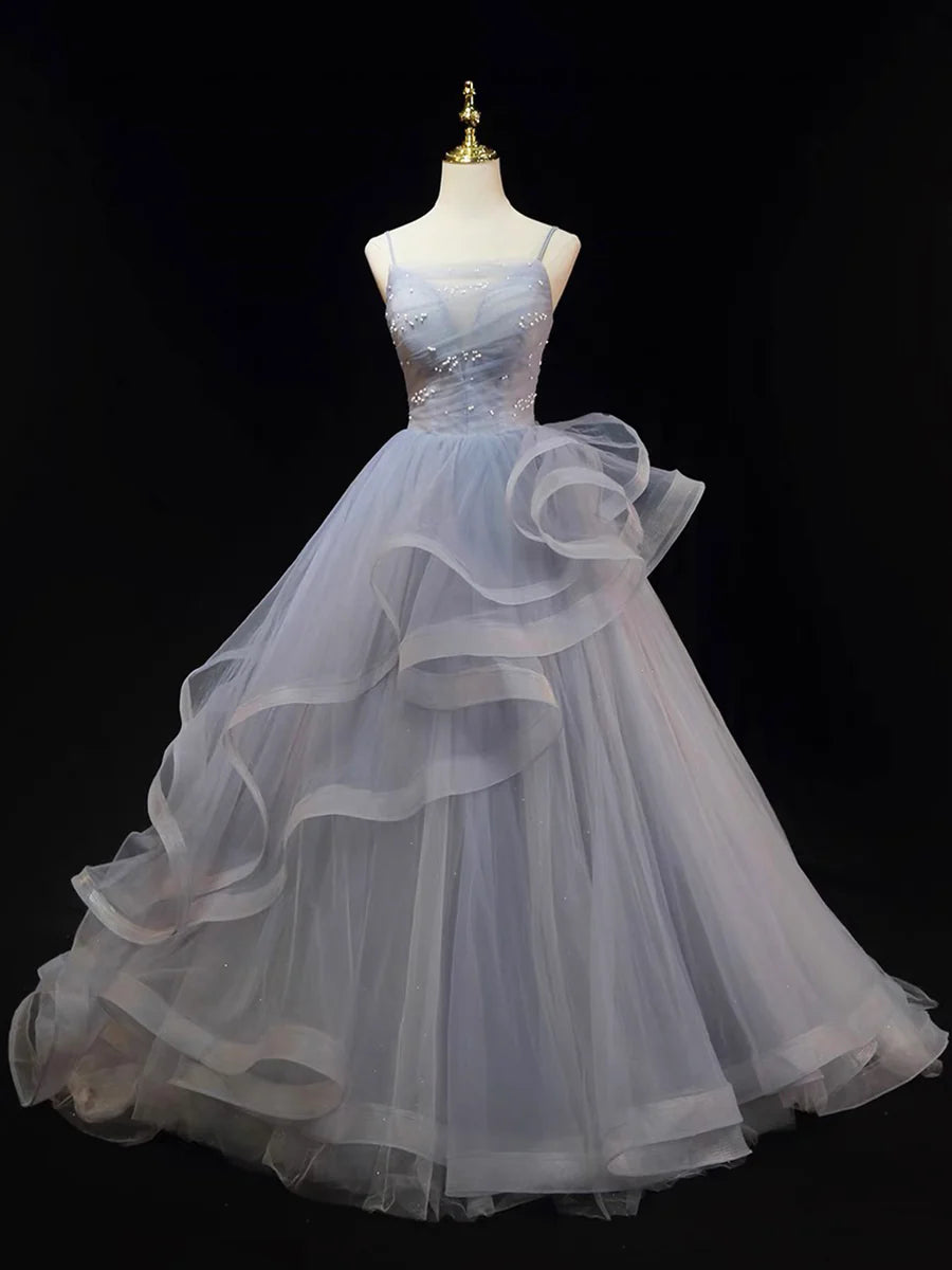 Beautiful Gray Cascading Ruffles Pearl Prom Dress, A-line Spaghetti Straps Sleeveless Backless Formal Dress TP1370