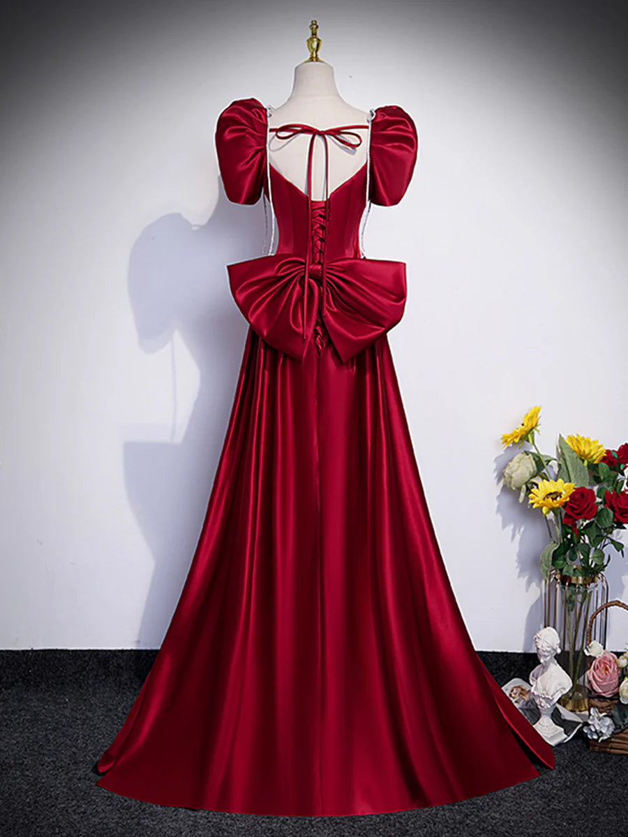 Beautiful Satin Floor Length Prom Dress with Bowknot, Burgundy Short Sleeve Evening Dress TP1371