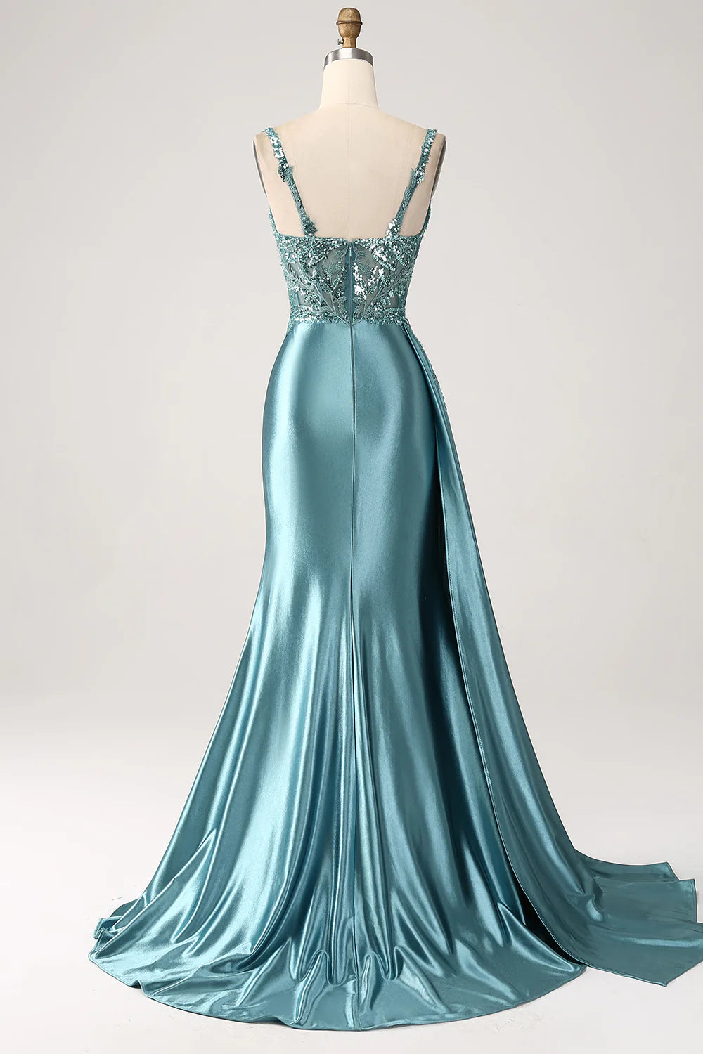 Mermaid V-Neck Satin Long Appliques Sequin Prom Dress With Slit TP1373