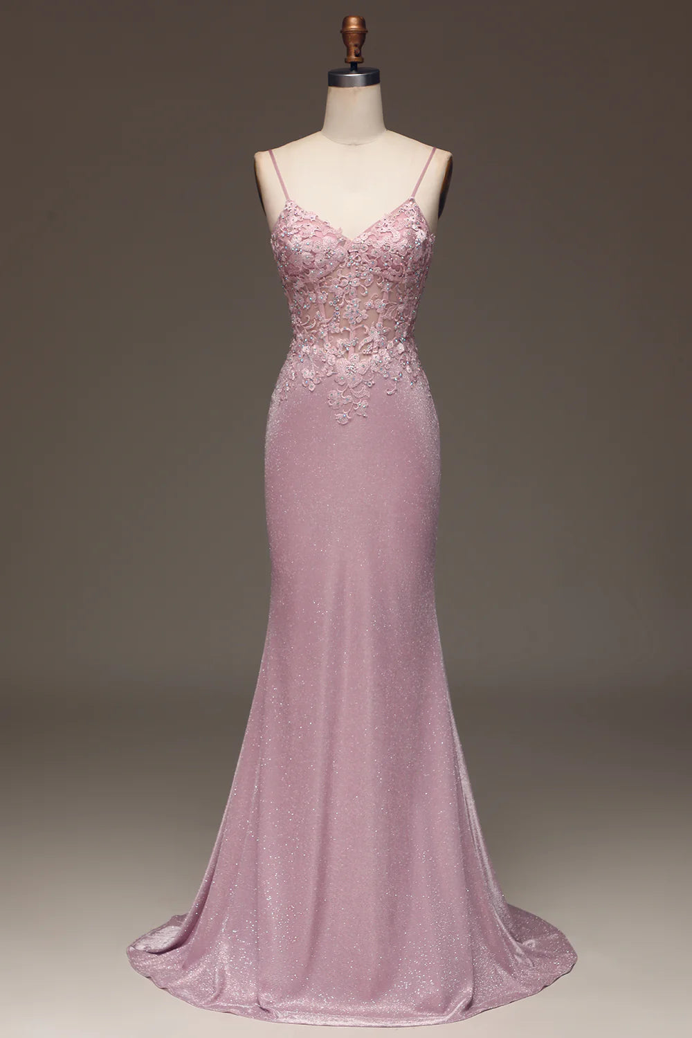 Glitter Blush Mermaid Spaghetti Straps Long Prom Dress with Beading TP1377