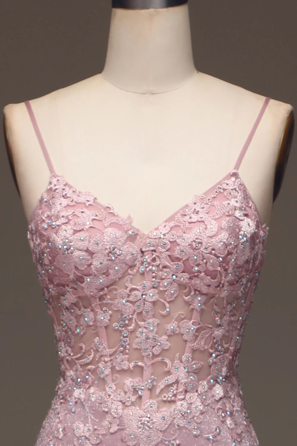 Glitter Blush Mermaid Spaghetti Straps Long Prom Dress with Beading TP1377