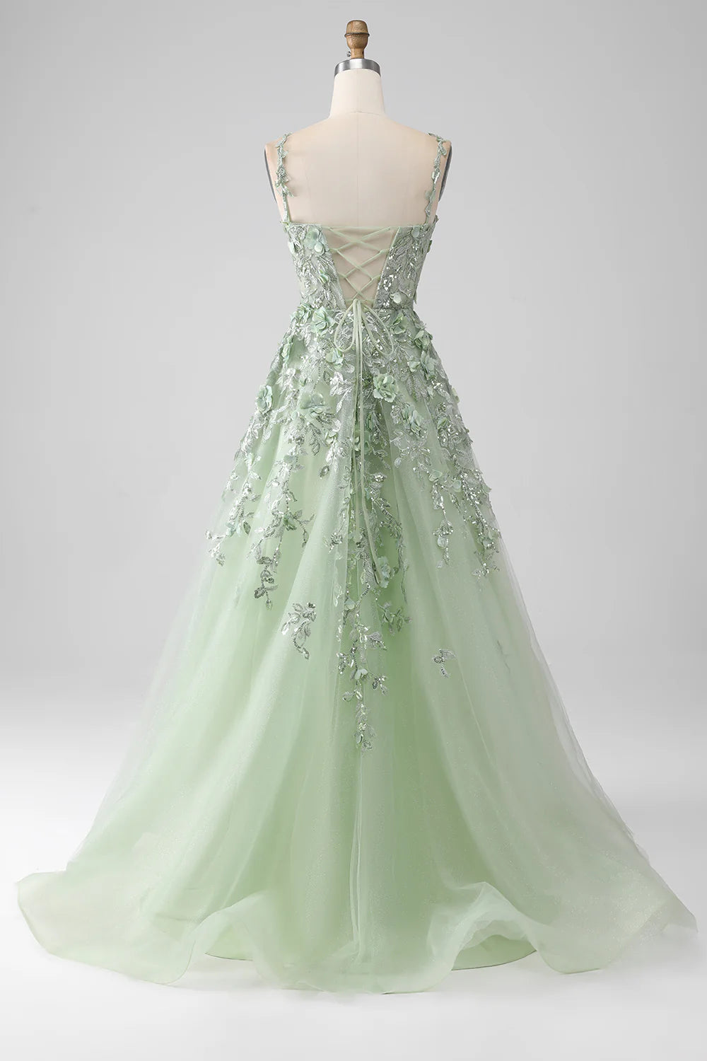 Sage A-Line Detachable Sleeves Long Corset Prom Dress with Flowers TP1378