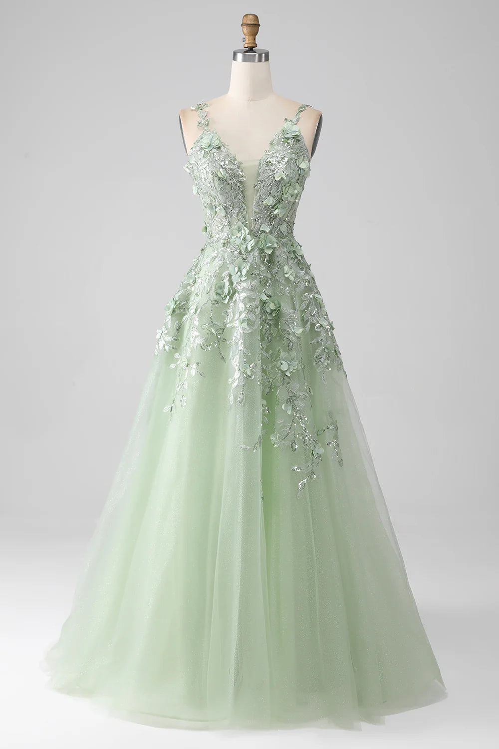 Sage A-Line Detachable Sleeves Long Corset Prom Dress with Flowers TP1378